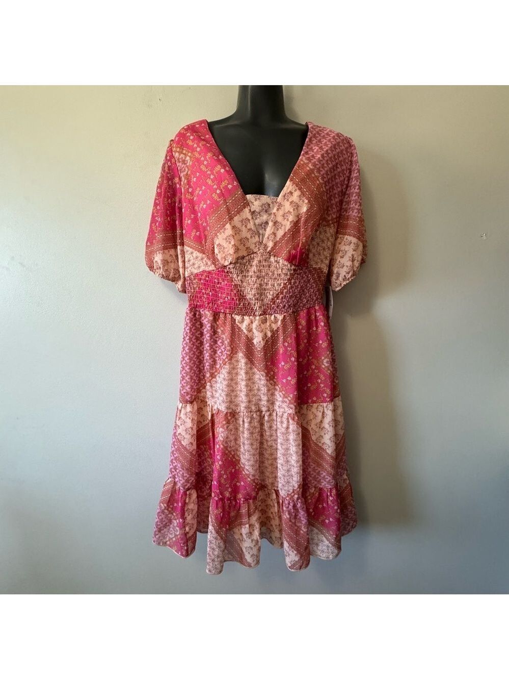 Kate and Lily Chic Patchwork Midi Dress in Pink Tones